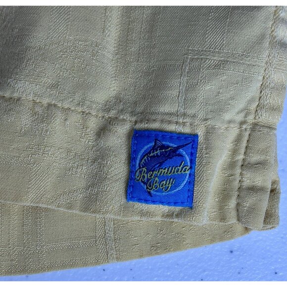 Bermuda Bay Silk Palm Tree Button Up Hawaiian Shirt Men L Yellow Short Sleeve - Picture 2 of 6